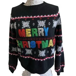 Holiday Time Black Christmas Sweater with multi colored letters & snowflakes